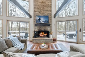 テレビ、暖炉、書庫