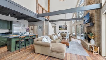 TV, fireplace, books