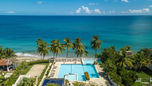 A resort with a swimming pool, palm trees, and a view of the ocean. - Beautiful Oceanfront  2 bedroom, 2 bath condo Aguada, PR (Aguada)