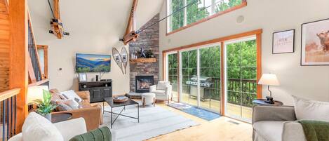 Smart TV, fireplace, table football, books