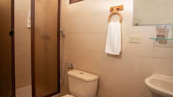 Shower, rainfall showerhead, towels