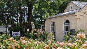 Un bâtiment doté de fenêtres en arc de cercle et d’un jardin où poussent des rosiers roses.