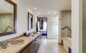 Hair dryer, towels, soap, shampoo