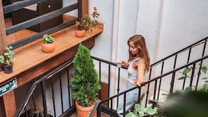 Un escalier avec des marches en bois et des rampes en métal, entouré de plantes en pot.