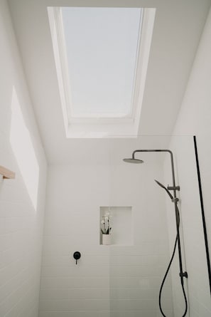 Shower, eco-friendly toiletries, hair dryer, towels