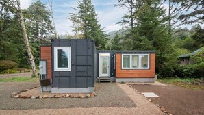 A modern cabin with a black exterior, a wooden door, and a small porch area.