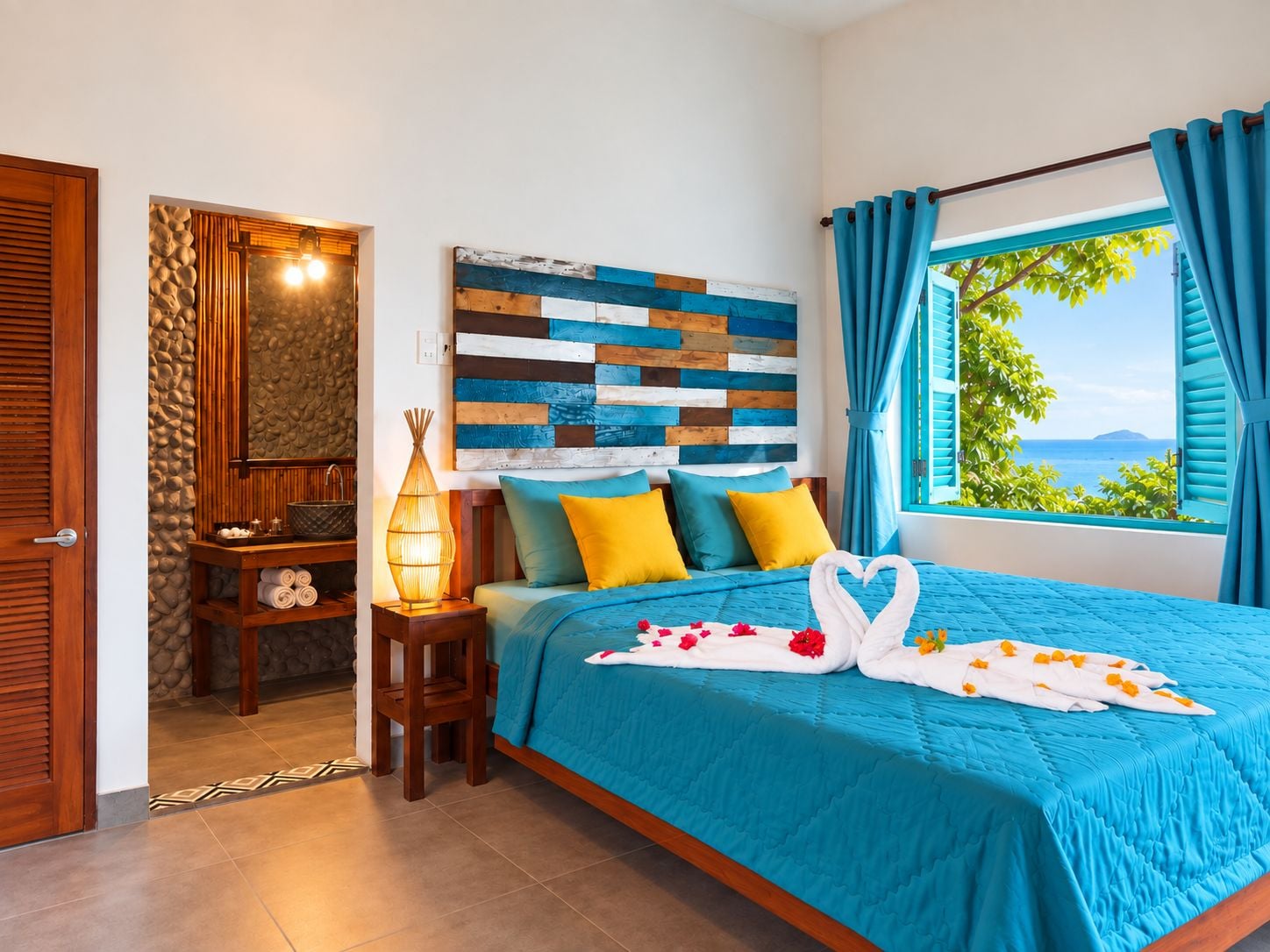 A bedroom with a bed, a nightstand, a lamp, a wall with a wooden headboard, and a window with curtains.