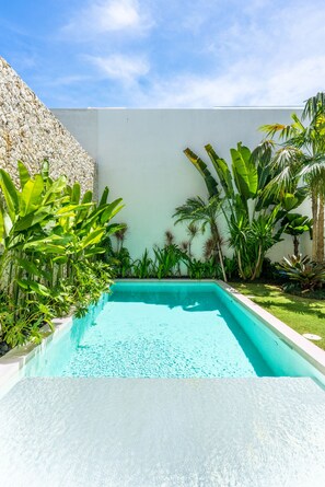 Una piscina rectangular con agua azul cristalina, rodeada de exuberante vegetación tropical y un muro de piedra.