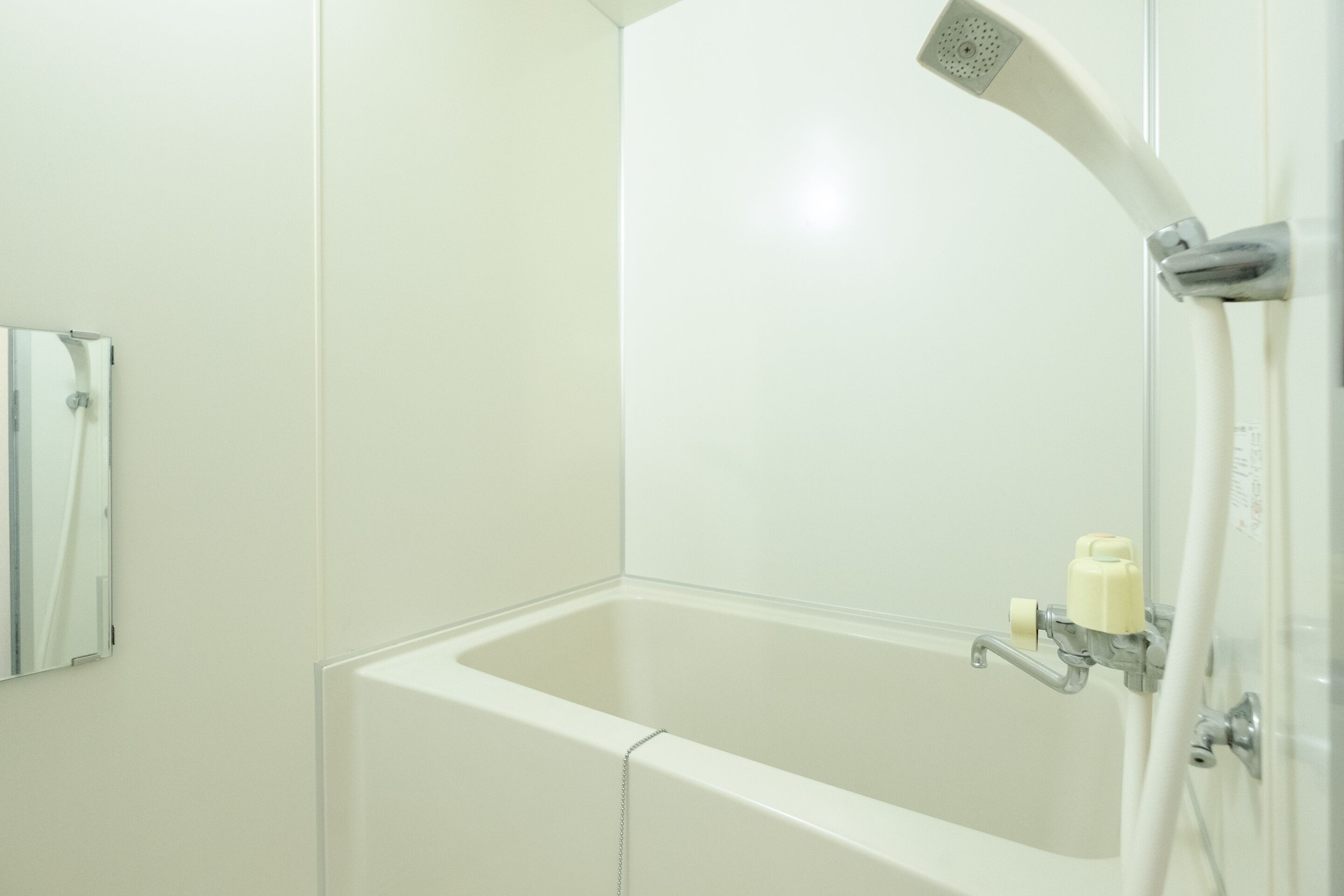 A modern bathroom with a white bathtub, a handheld showerhead, and a wall-mounted mirror.