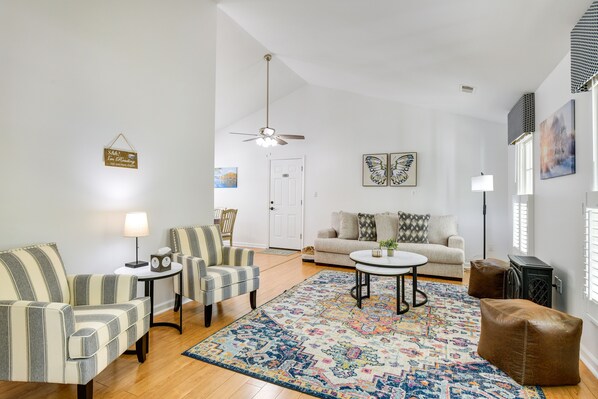 TV, fireplace, books