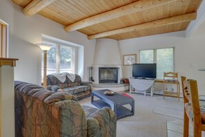 Televisión, chimenea y libros 