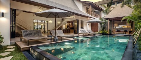 Outdoor pool, pool umbrellas, pool loungers