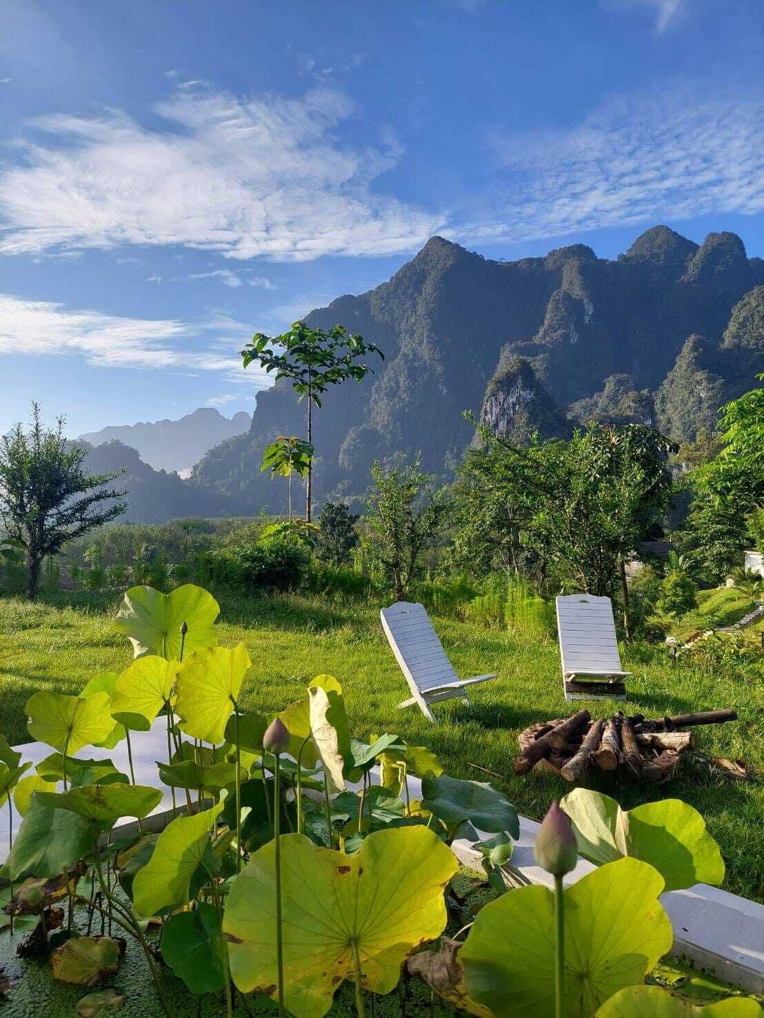 A serene outdoor setting with a grassy area, a wooden deck, and a view of mountains in the background.
