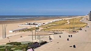 Un paseo marítimo junto a una playa de arena, con un sendero curvo y algunas personas caminando.