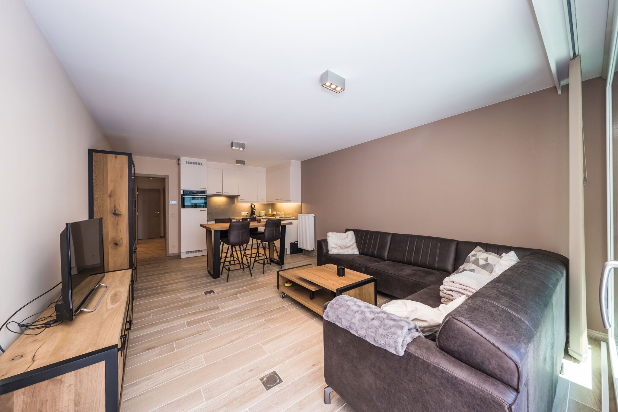 Un appartement moderne comprenant un salon, un coin repas et une kitchenette.