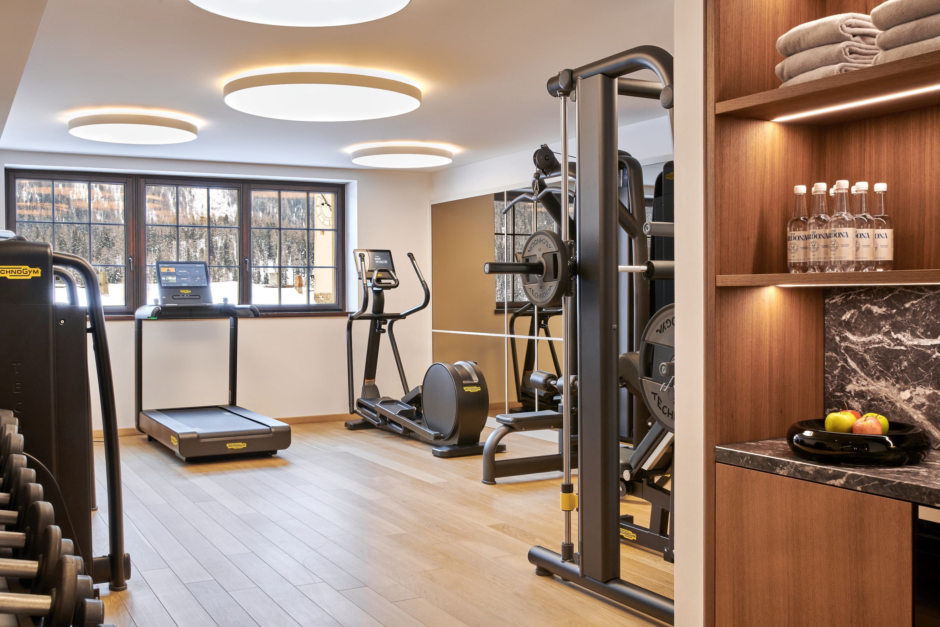 Un gimnasio con máquinas de cardio, equipo de pesas y un ventanal con vistas a árboles.