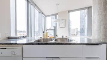 Panoramic Apartment | Private kitchen | Fridge, microwave, oven, stovetop