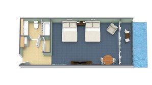 A room with two beds, a small bathroom, a seating area with a table and chairs, and a view of the sea. - Seaside Excellence Deluxe Room 4th Floor (Myrtle Beach)
