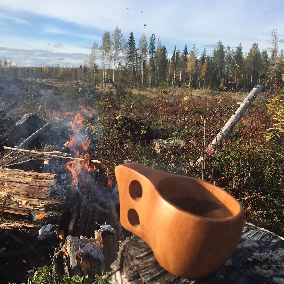 Una ciotola di legno su un ceppo vicino a un fuoco da campo in una foresta.