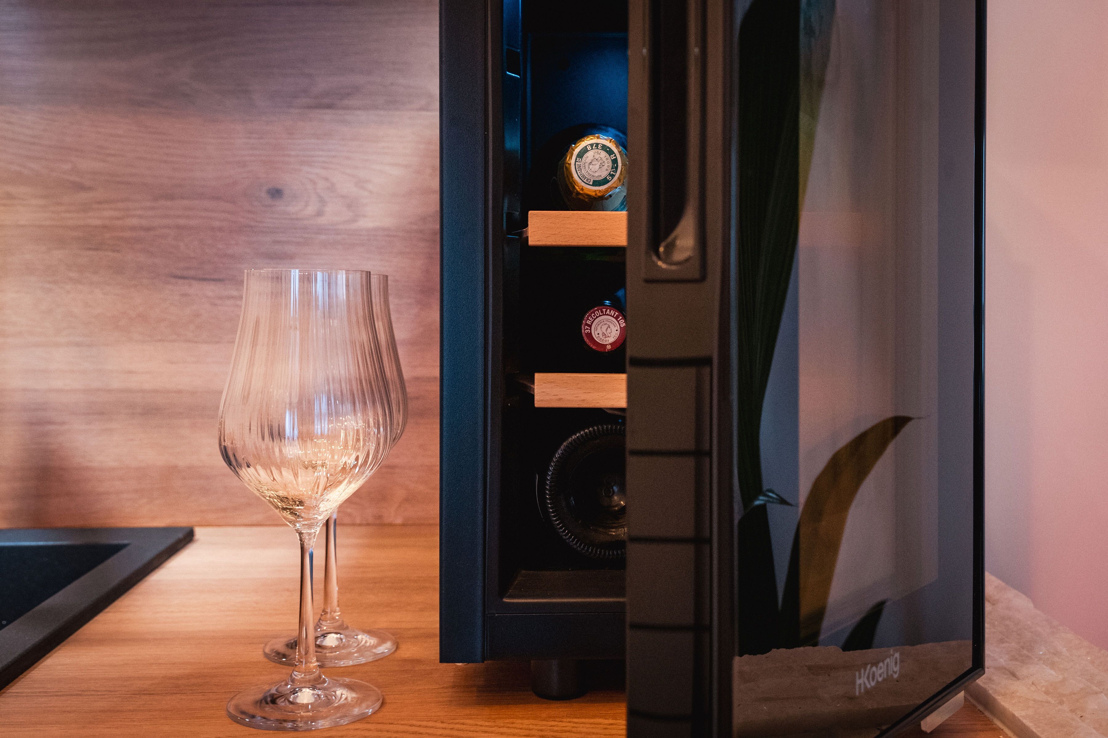 Una copa de vino sobre una mesa de madera, un armario negro con espejo y una planta al fondo.