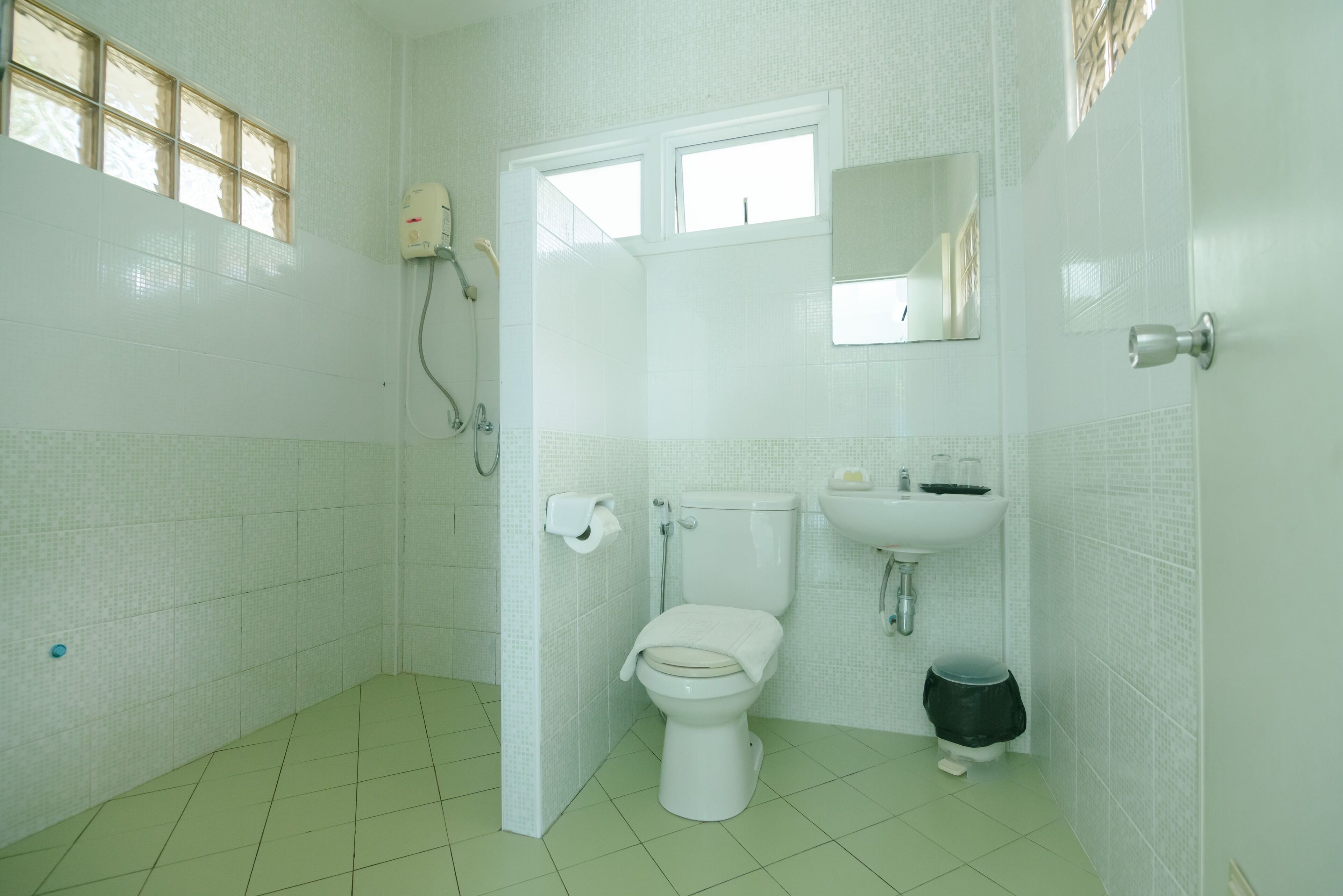 Une salle de bain avec des toilettes, un lavabo et une douche.