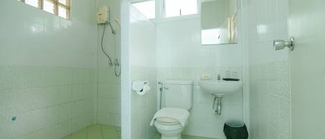 Une salle de bain avec des toilettes, un lavabo et une douche.