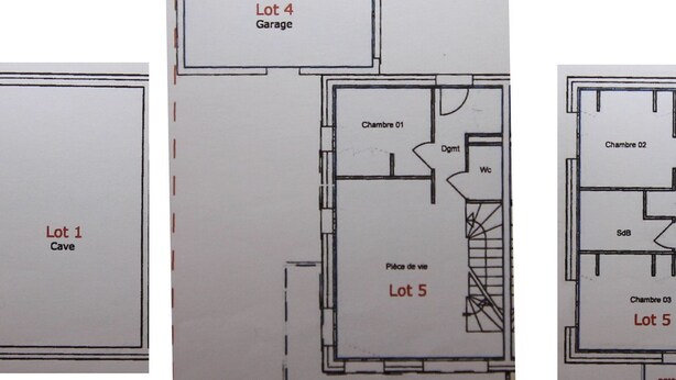 Floor plans for five lots with labeled rooms and a garage.