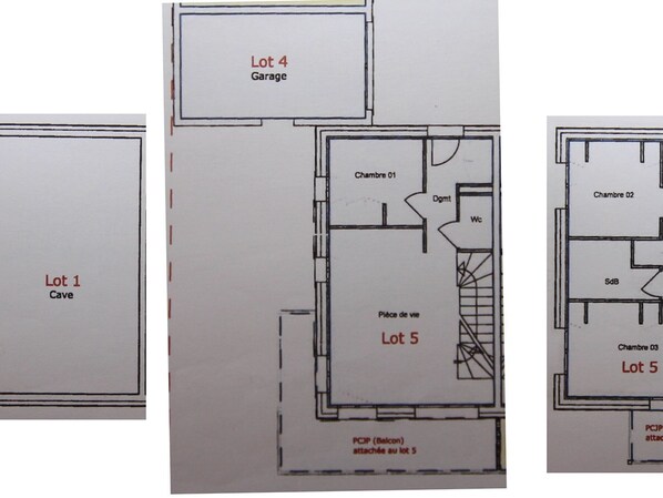 Floor plans for five lots with labeled rooms and a garage.
