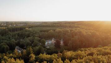 An aerial view of a forested area with a large estate featuring a main building and several smaller structures.