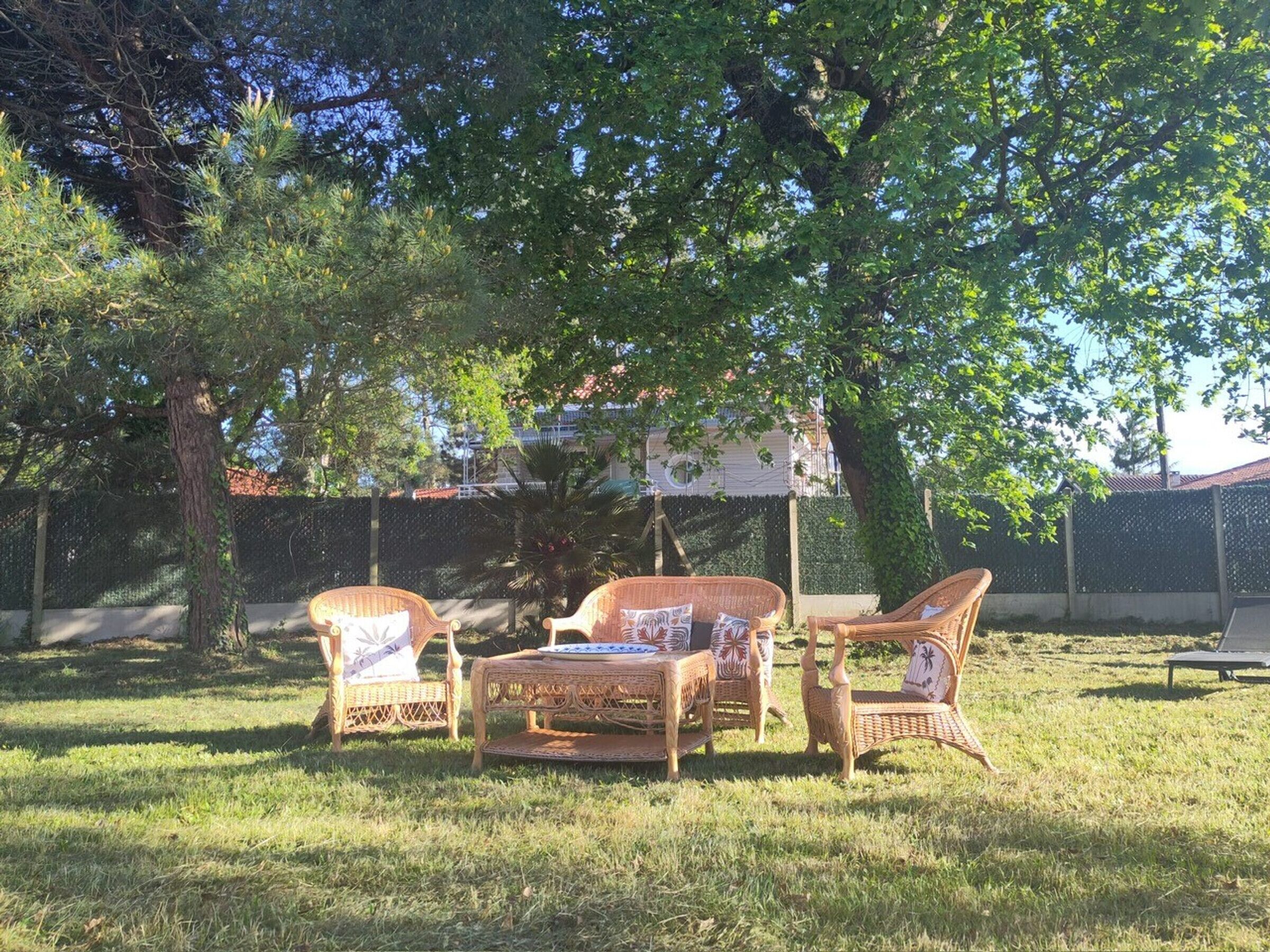 An outdoor seating area with wicker furniture and a tree providing shade.
