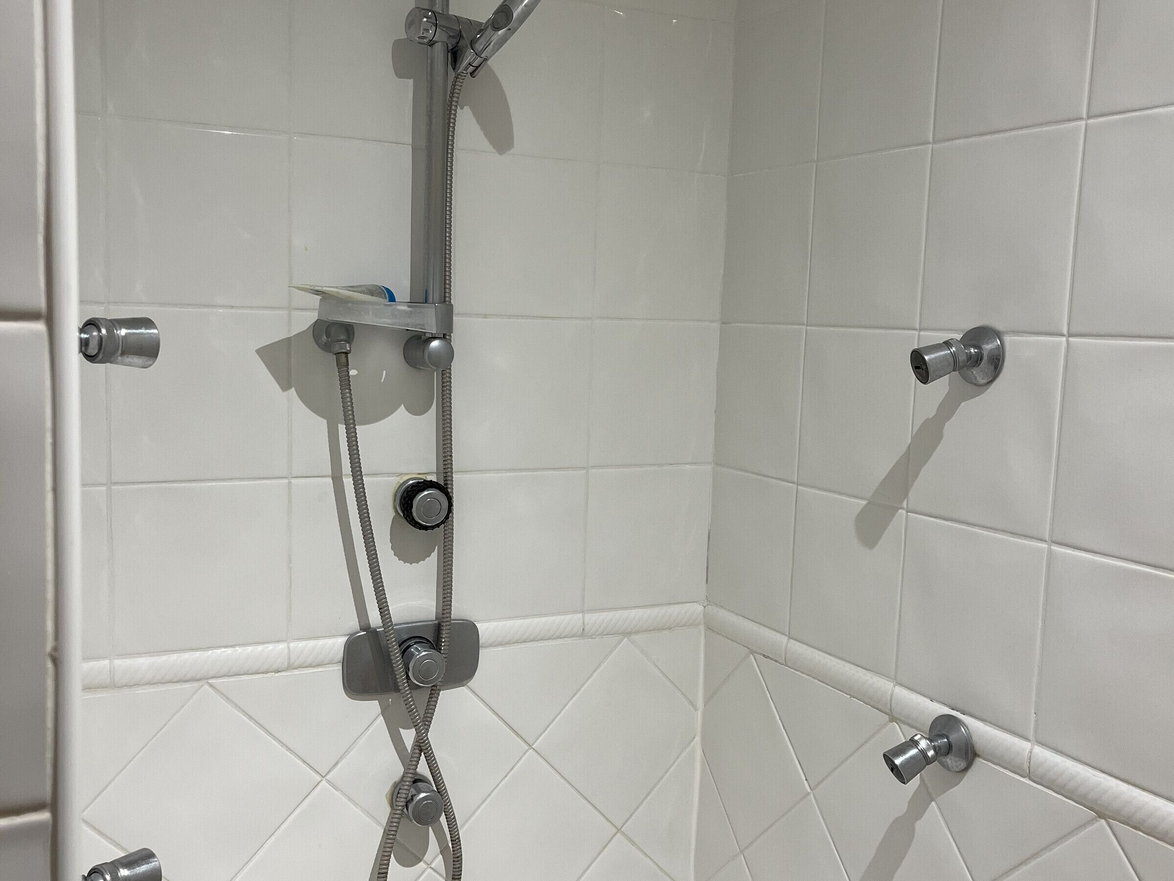Een douche met een handdouche en een douchekop, beide bevestigd aan een betegelde muur.