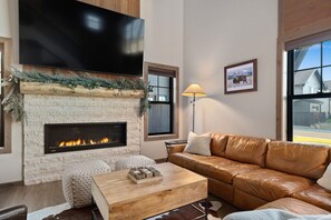 Smart TV, fireplace, DVD player, books