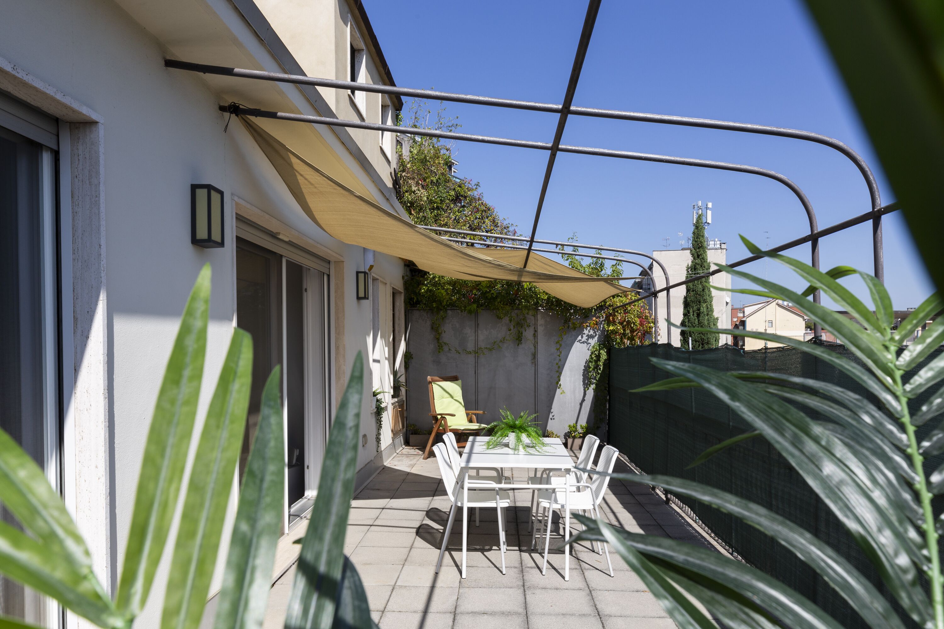 Un patio con una mesa, sillas y una planta en maceta.