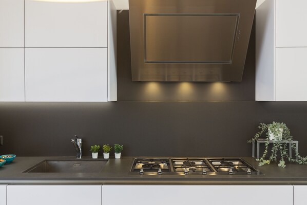A modern kitchen with a stainless steel range hood, a gas stove, and a sink. - notaMi - Edolo Terrace (Milan)