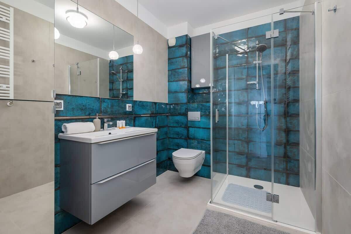 Shower, hair dryer, shampoo