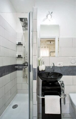 Shower, hair dryer, bidet, towels