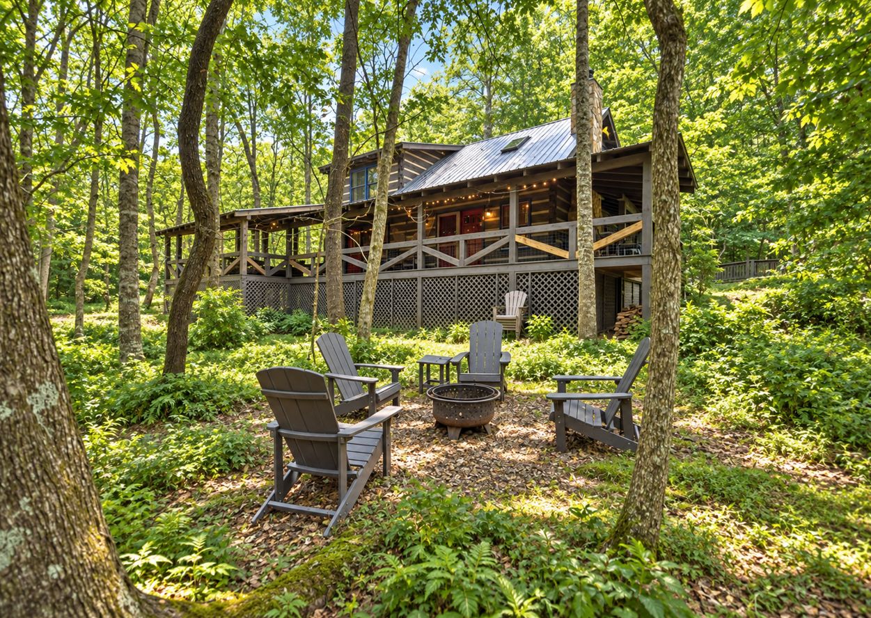 Une cabane dotée d’une terrasse, entourée d’arbres, et d’un espace extérieur aménagé avec un foyer.