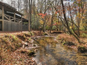 Property grounds - Indulge in "Just One More Night", a pet-friendly creekfront retreat boasting a spacious outdoor deck, hot tub, firepit, and WiFi (Blue Ridge)