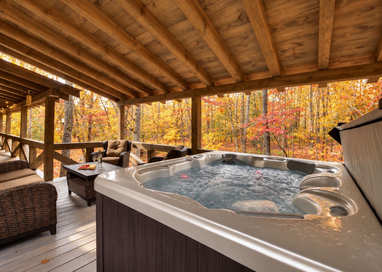 Un bain à remous sur une terrasse en bois, avec vue sur les arbres aux couleurs automnales.