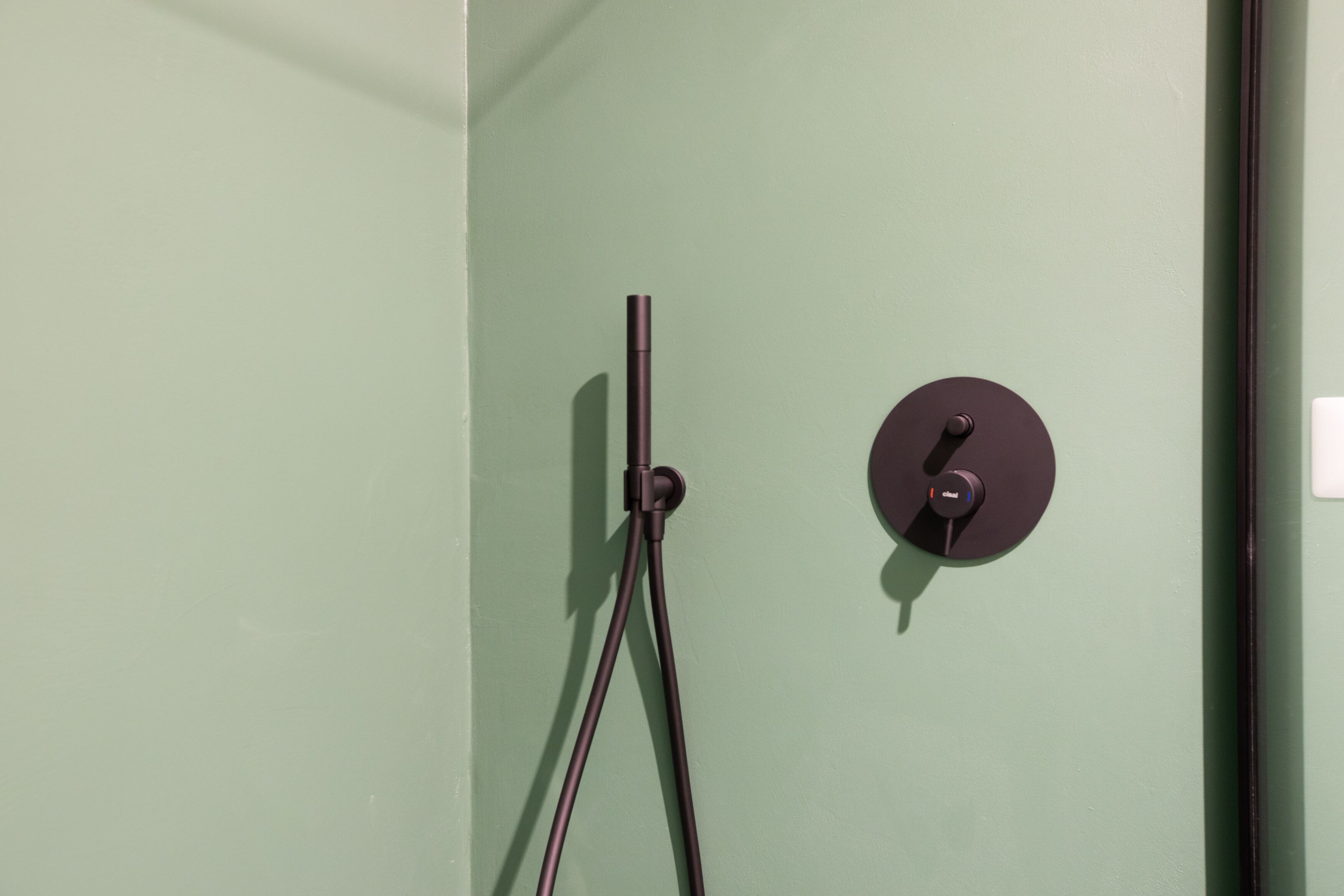 A bathroom with a green wall, a black towel rack, and a black showerhead.