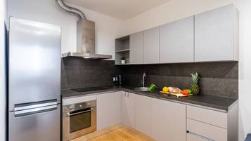 Business Apartment | Private kitchen | Full-size fridge, stovetop, electric kettle, mixer