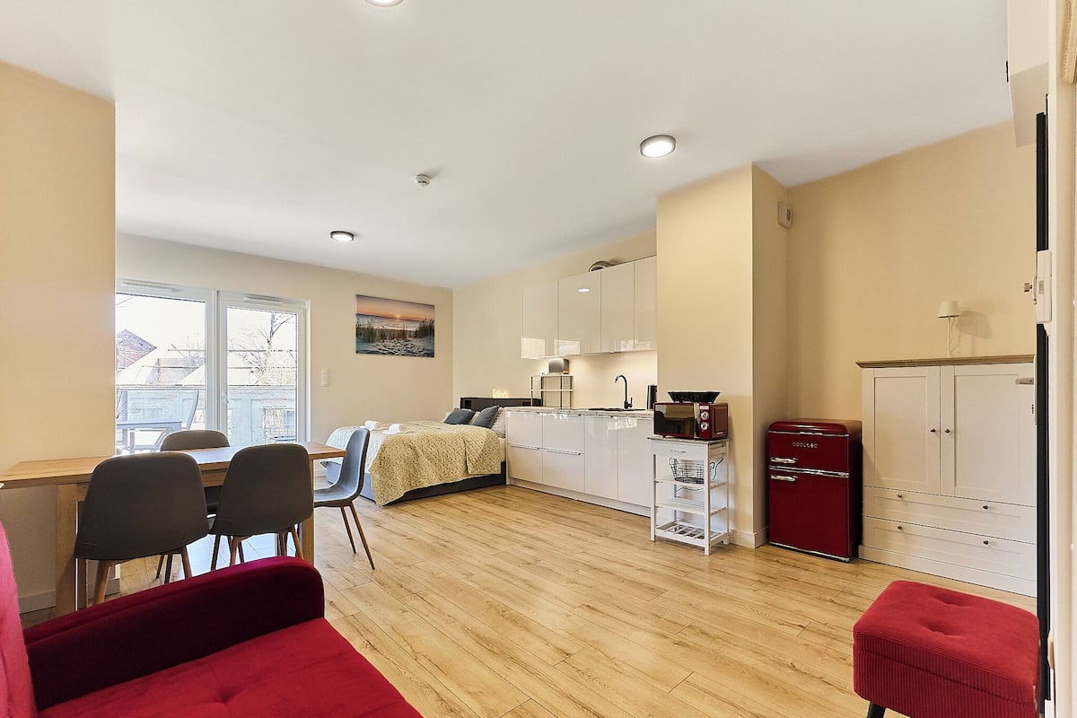 Um espaço compacto com cozinha compacta, área de jantar, cama e sofá vermelho.