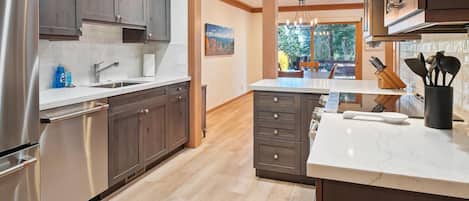 Microwave, dishwasher, cookware/dishes/utensils