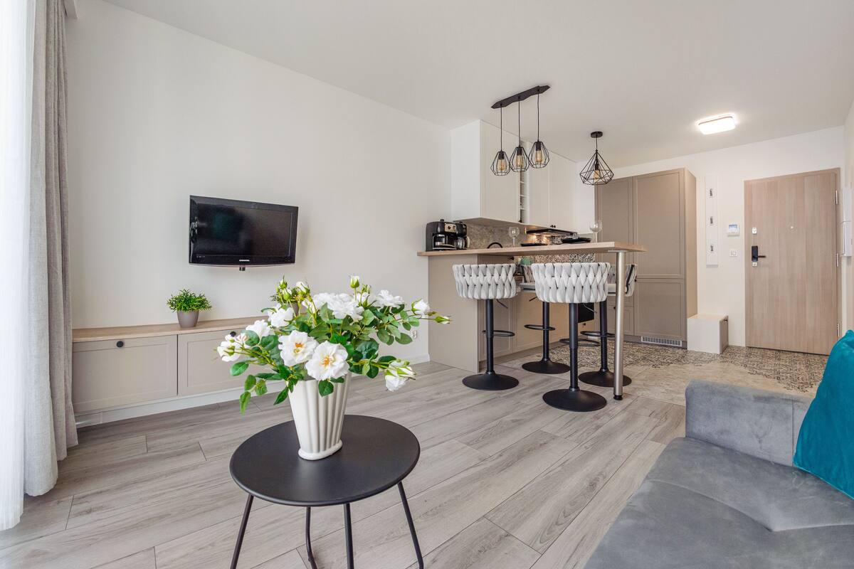 Una sala de estar moderna con un sofá gris, una mesa de centro y un televisor montado en la pared. Hay una zona de cocina con una mesa de comedor y sillas, y una pequeña planta en maceta sobre la encimera.