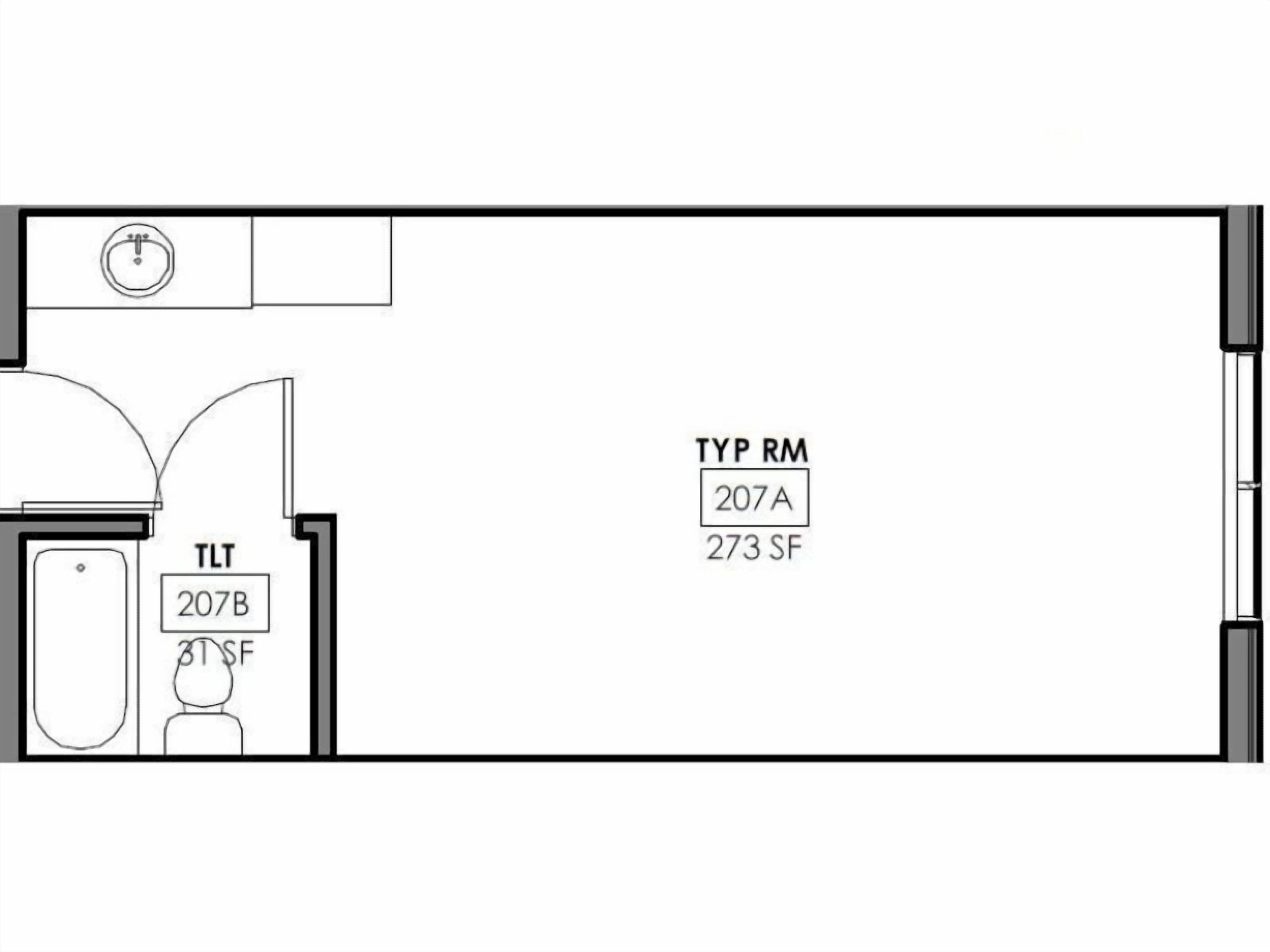 Distribución de una habitación de hotel con inodoro (207B), lavamanos (207A) y espejo (TYP RM).