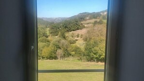 Ein Fenster mit freiem Blick auf eine grüne Landschaft, einschließlich Bäume und Hügel.