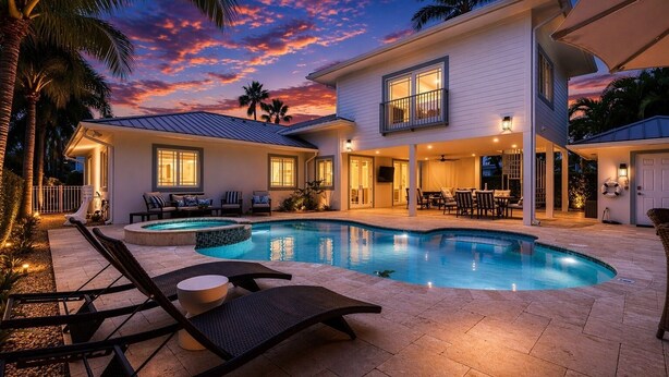 A modern house with a swimming pool, outdoor seating, and a covered patio area.