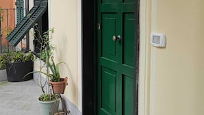 Une porte verte avec une sonnette et une petite plante en pot placée à côté.