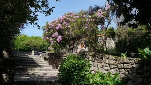 A stone staircase leading to a building with a red-tiled roof, surrounded by lush greenery and flowering trees.