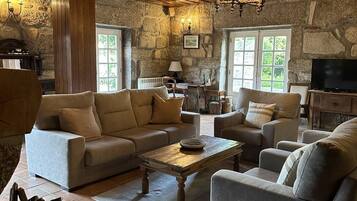 Una Smart TV, una chimenea, un reproductor de DVD